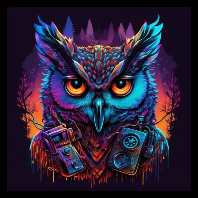 Eule mit Neonfarben, Synthwave / 80er Jahre