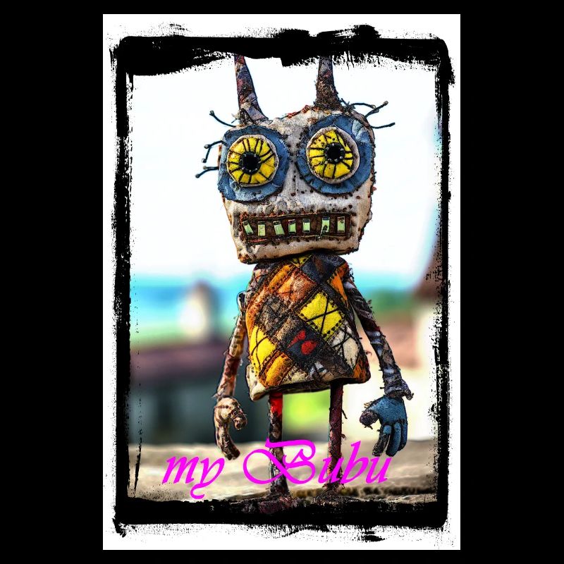Colorful rag doll with a curious face