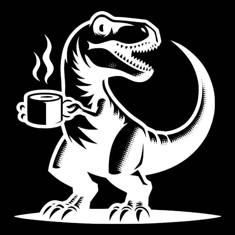 Grimmiger Morgenmuffel Dino mit Kaffeetasse