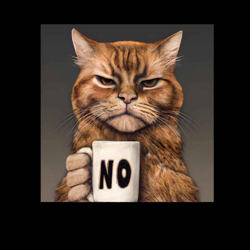 Grumpy funny cat with coffee cup says no