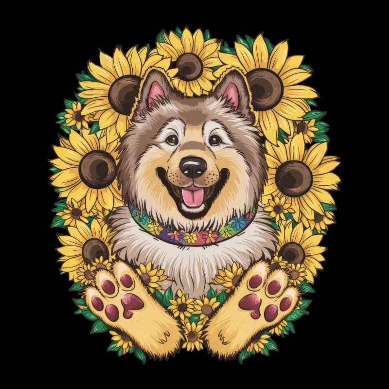 Cute Wolfspitz with sunflowers.
