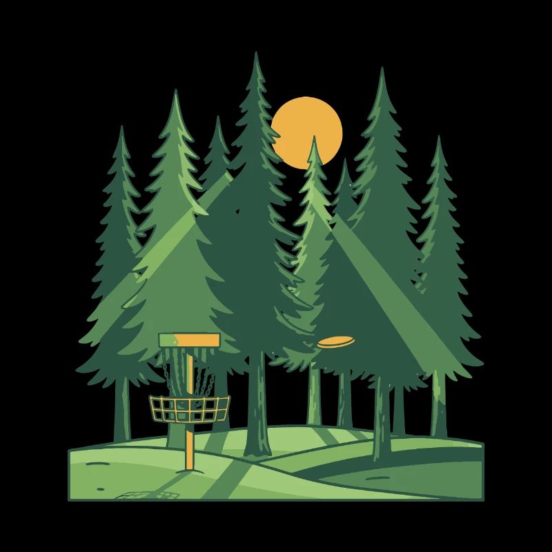 Disc Golf Forest Sunset Flying Disc Basket Scene