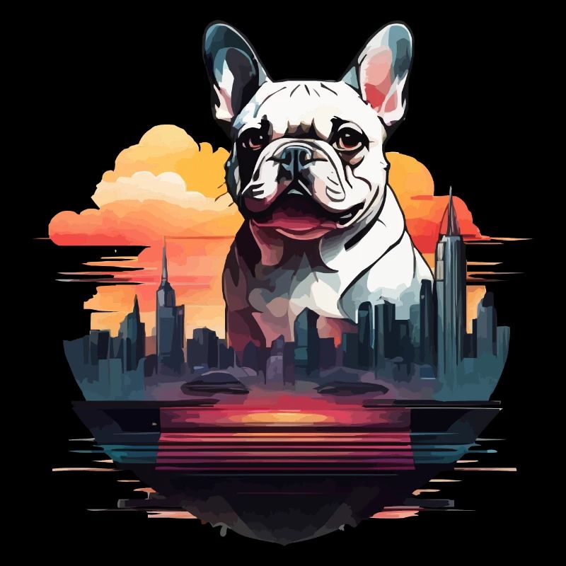 SILHOUETTE DE BOULEDOGUE FRANÇAIS AVEC UN COUCHER DE SOLEIL DE VILLE