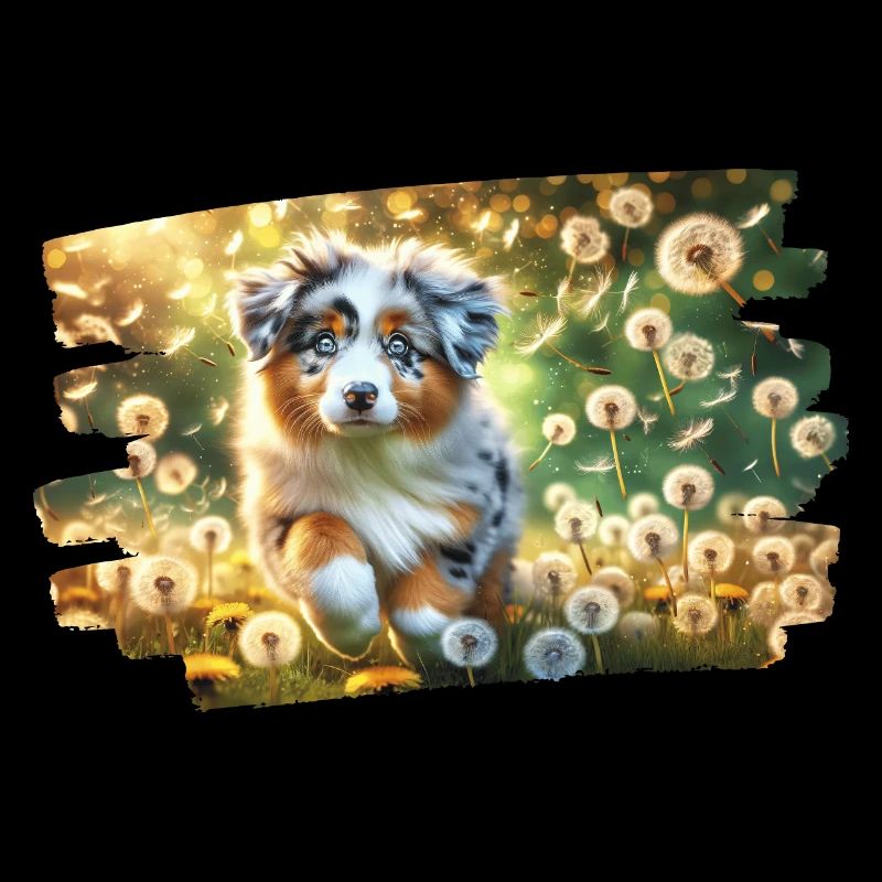 Verspielter Australian Shephe Welpe auf einer Löwenzahnwiese