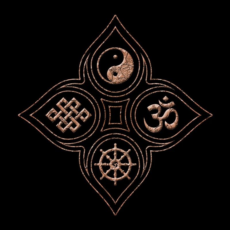 Yin Yang Steinrelief mit Om Dharmachakra Knoten