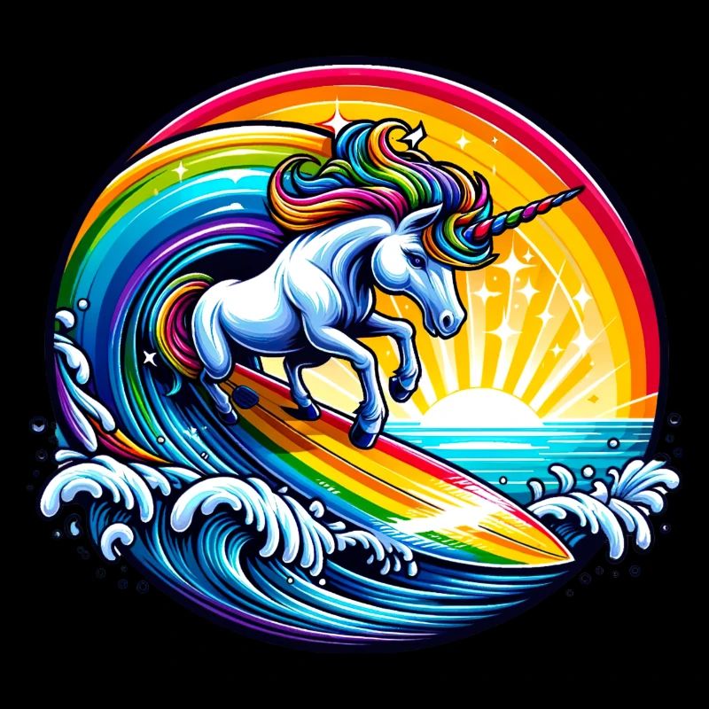 Surfendes Einhorn auf Regenbogenwelle