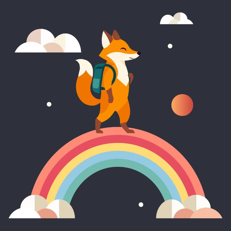 Cheerful fox with backpack on rainbow