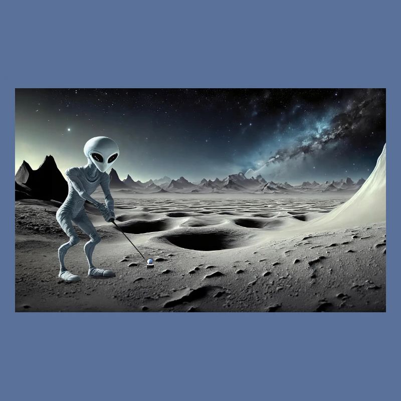 grey alien on the moon surface – playing golf