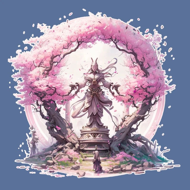 Statue under a cherry blossom tree