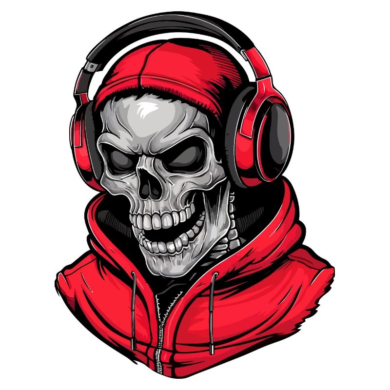 Totenkopf in Rot Kapuzenpullover mit Kopfhörern