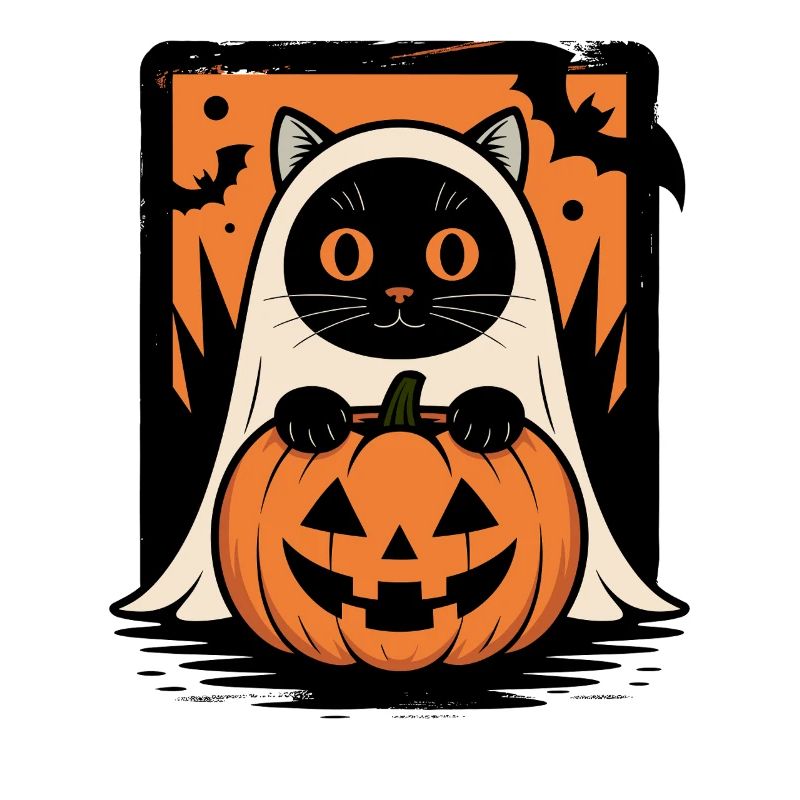 Cat Halloween Ghost Cat with Pumpkin Bat