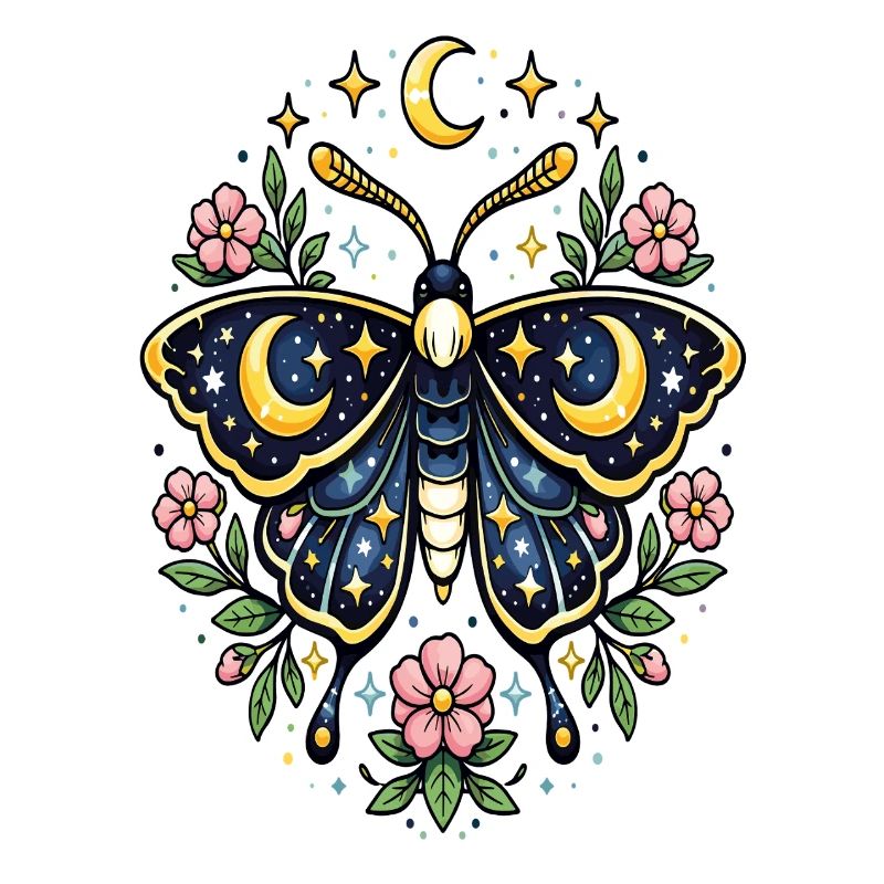 Papillon céleste lune fleurs étoiles