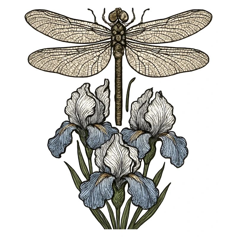 Libelle über Irisblüten
