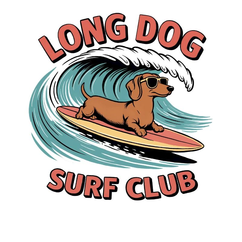 Dackel surft auf einem Board – im Retro-Surf-Stil