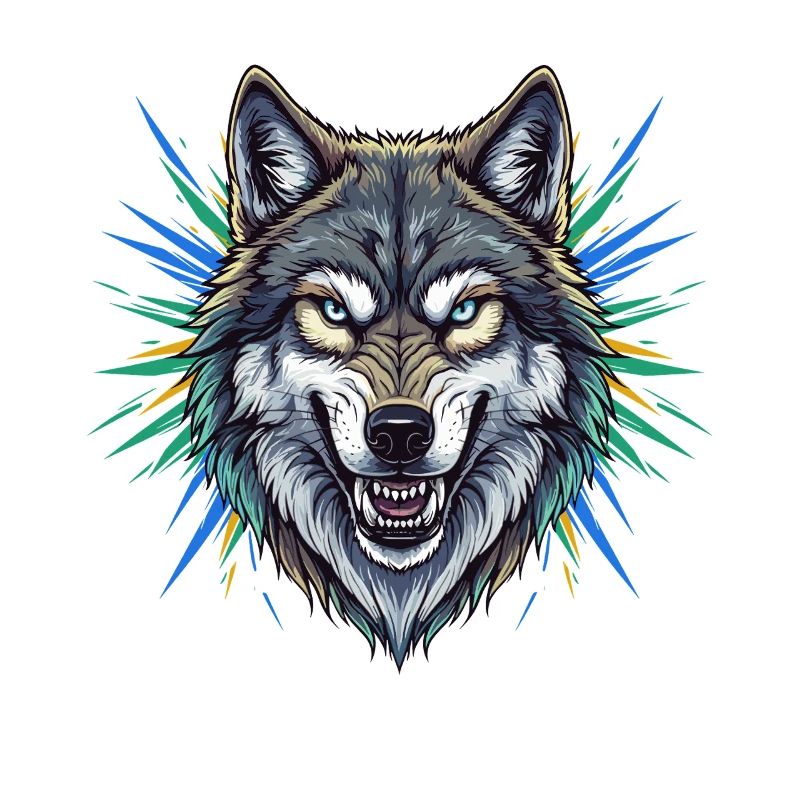 Wolfskopf mit bunten Strahlen