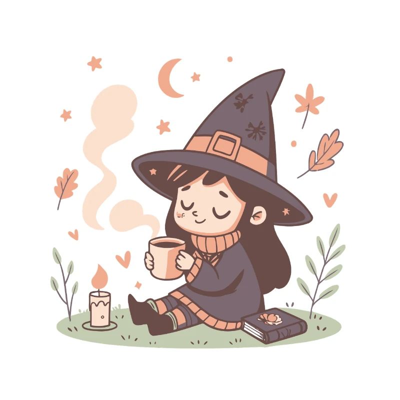 Cozy witch and steaming cup
