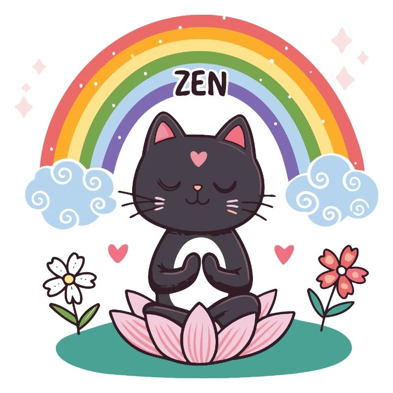 Zen-Katze auf Lotus und Regenbogen