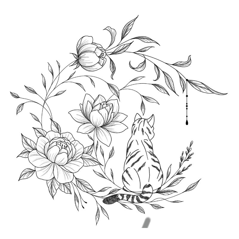 Chat assis sur une lune florale, composition flora