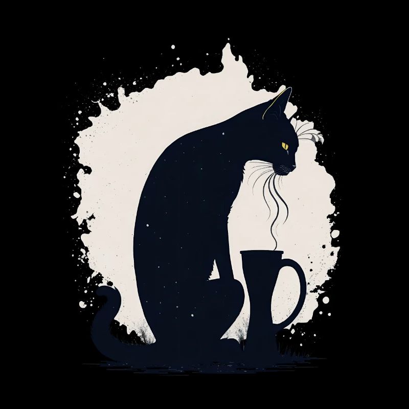 Schwarze Katze mit Kaffeetasse