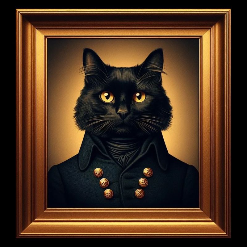 Portrait d’un chat noir dans un cadre doré
