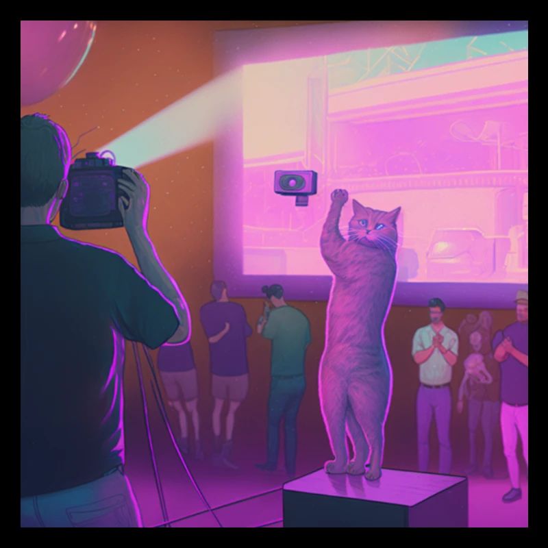 Man with a tv camera films a humanoid cat dancing