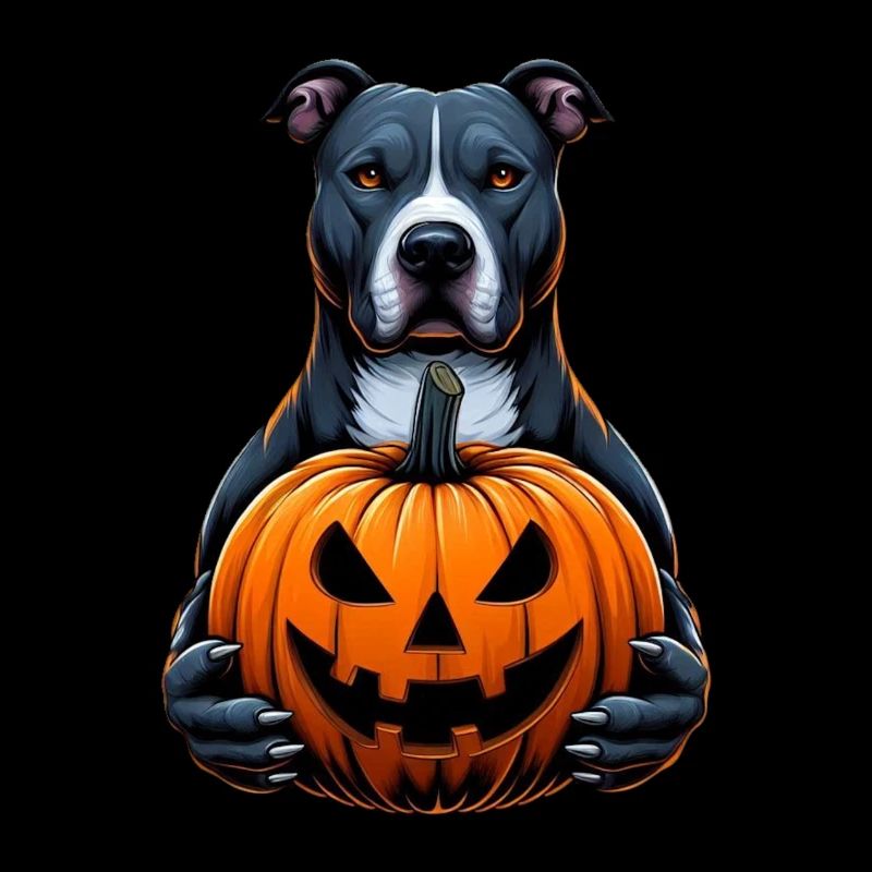 Pitbull Halloween - Holding Jack O Lantern