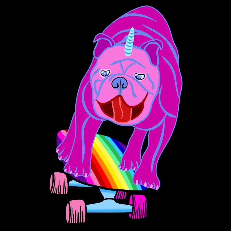 Skateboard Hund Mops Bulldogge Einhorn Regenbogen