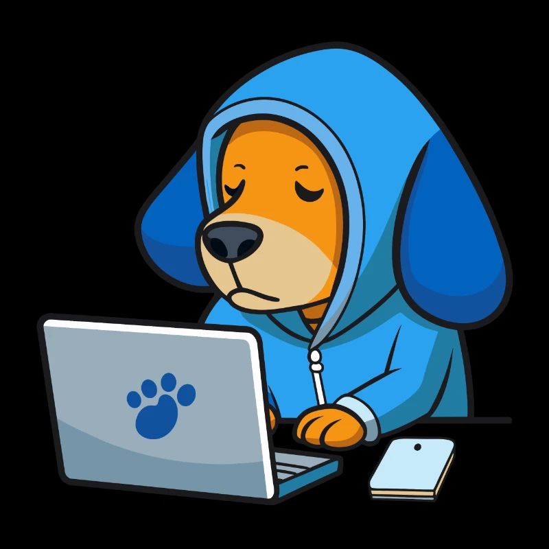 Niedlicher Hacker Hund schläft im Hoodie vorm PC