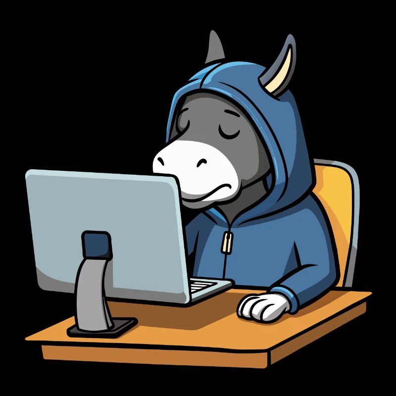 Un mignon âne hacker dort dans un sweat à capuche devant le PC