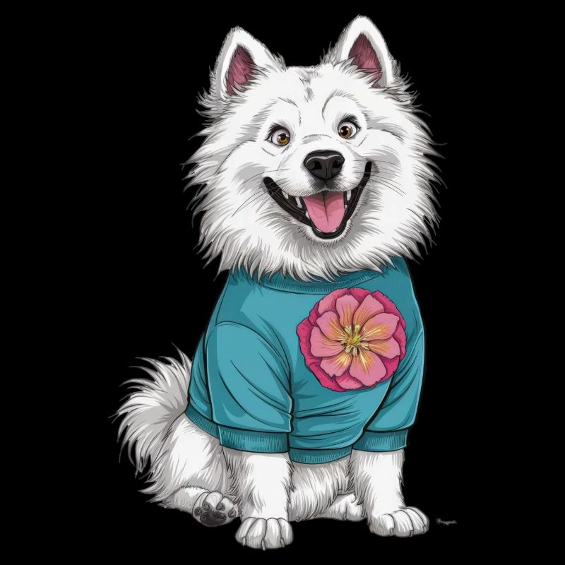 Dentelle de style dessin animé Samoyède avec de belles fleurs