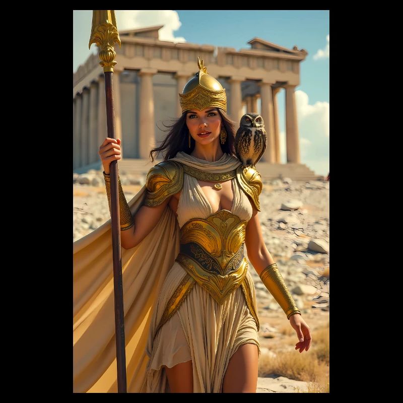 Athéna, déesse en armure avec lance, hibou