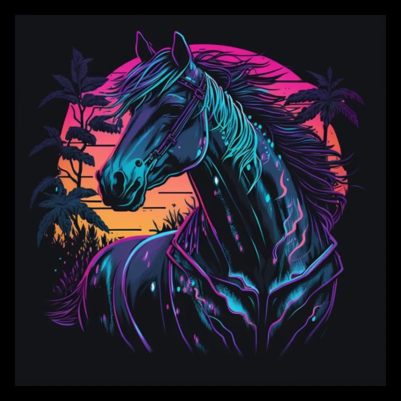 Cheval aux couleurs néon, synthwave / 80s