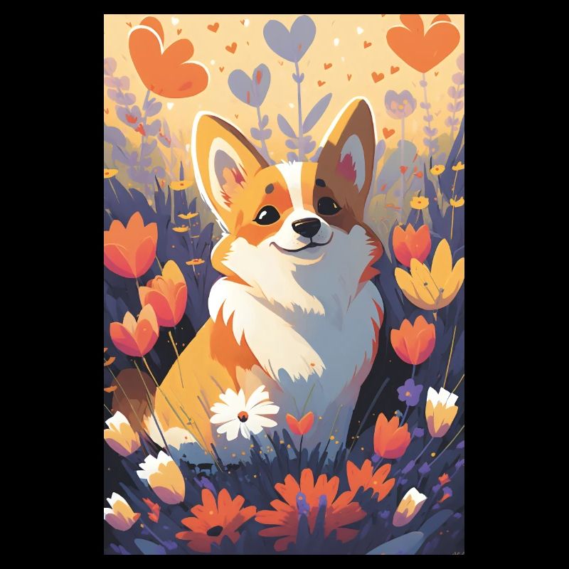 Happy Corgi in farbigen Blumen