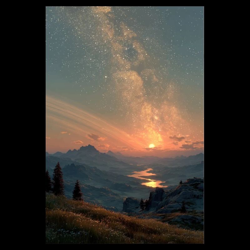 Cosmic Sunset Over Mountains