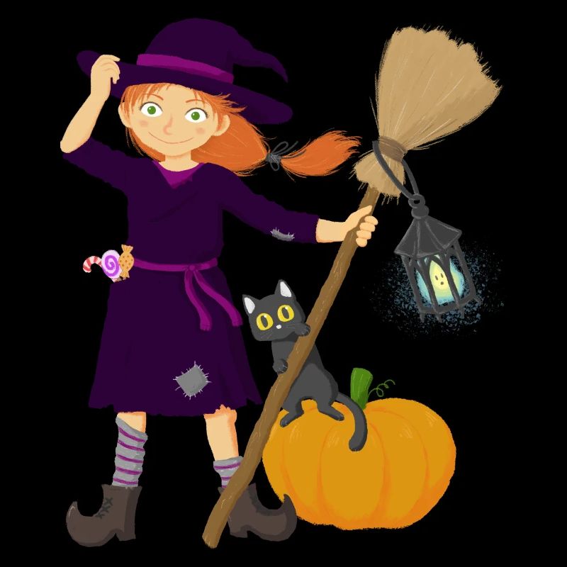 Sorcière avec balai et chat
