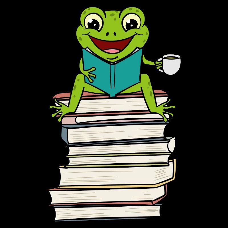 Frog sitting on Book Reading and drinking Coffee