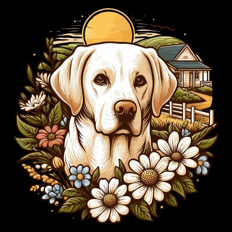 blonder Labrador Retriever Cottage Core Blumen