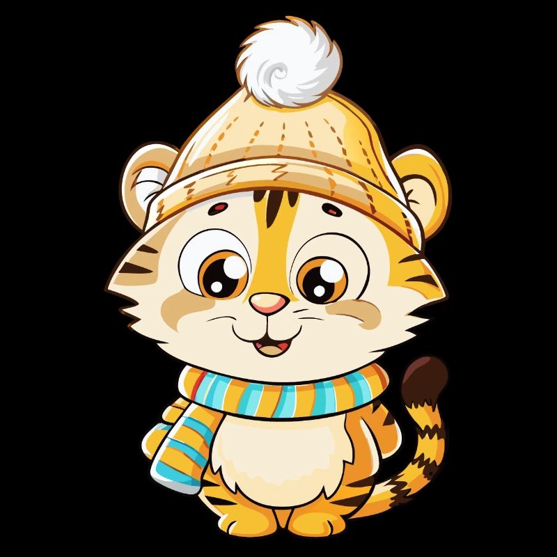 Tigre mignon avec écharpe et chapeau à pompon.