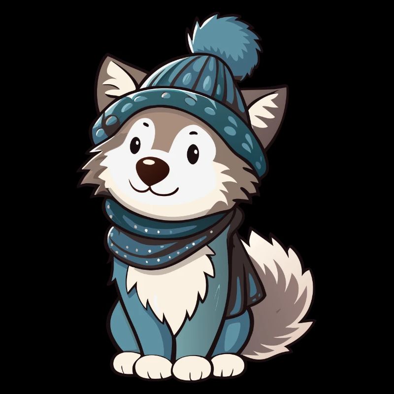 Loup mignon avec écharpe et chapeau à pompon.