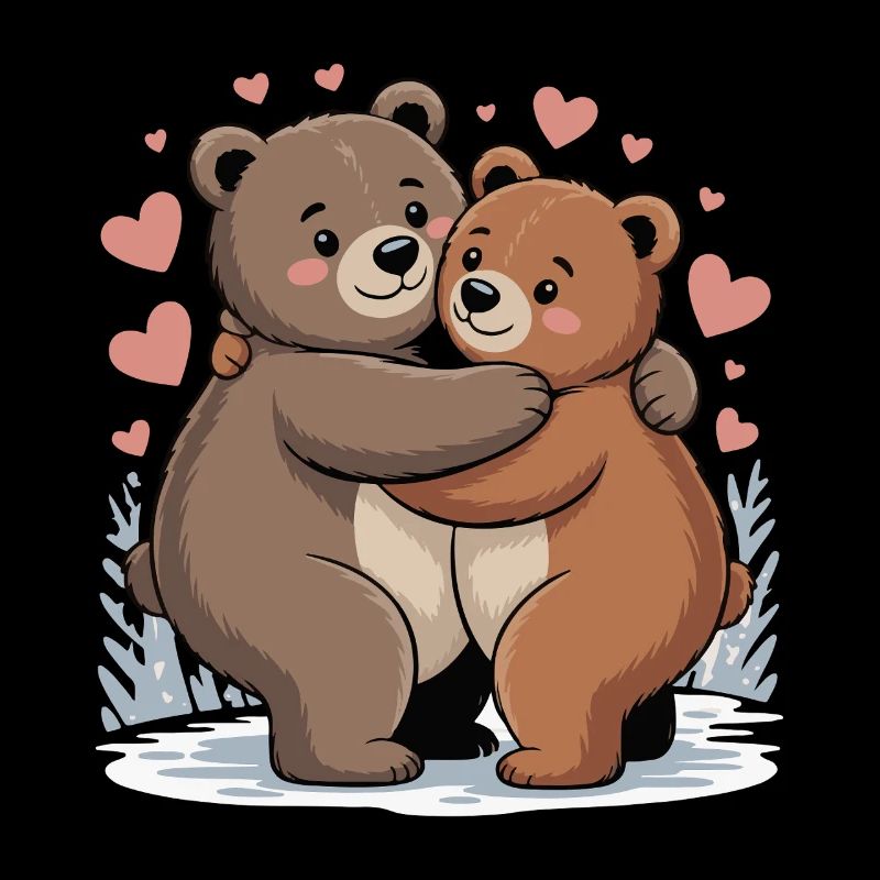 Two bears hug with hearts