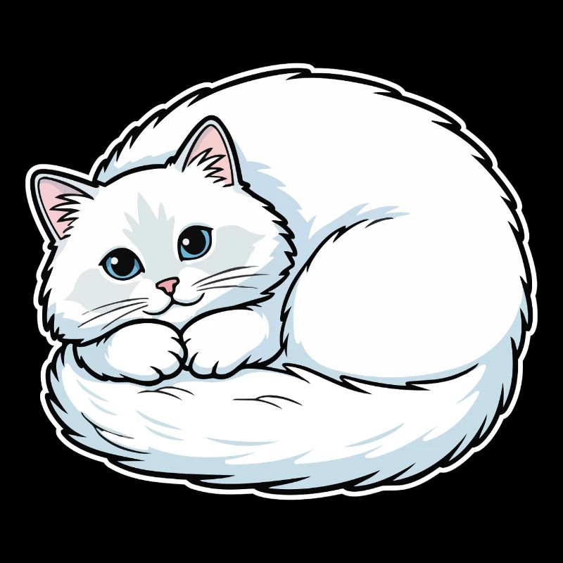 Chat Blanc Angora Yeux Bleus Enroulé Mignon