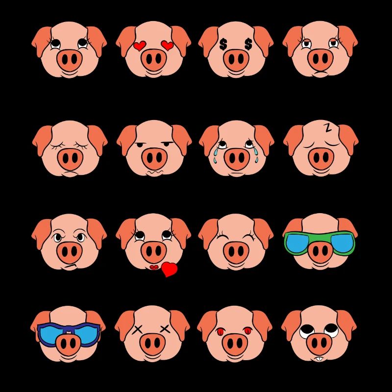 Cute Pig Pink Different Mood Emoticon Faces Of