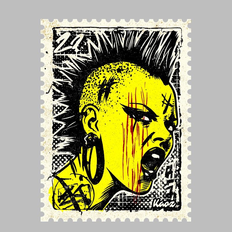 Femme punk sauvage avec mohawk et colère sur timbre-poste