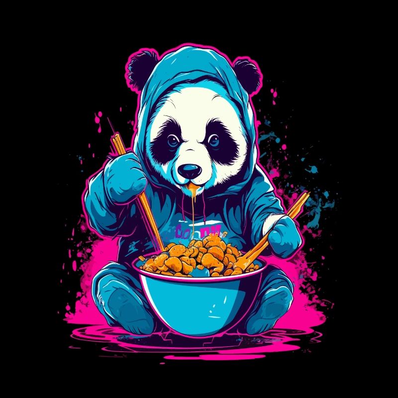 Panda manger Asie Ramen Nourriture Synthwave Design