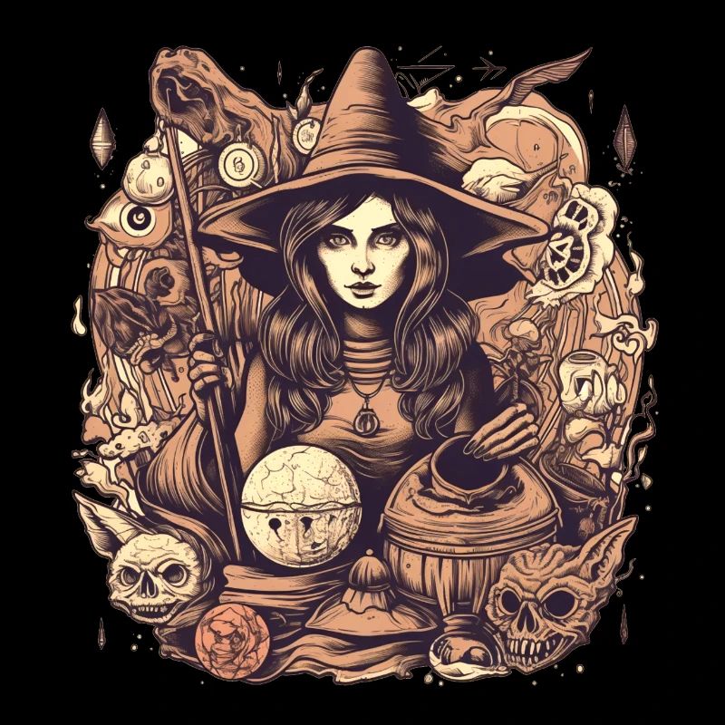 Gloomy beautiful witch with hat and skull