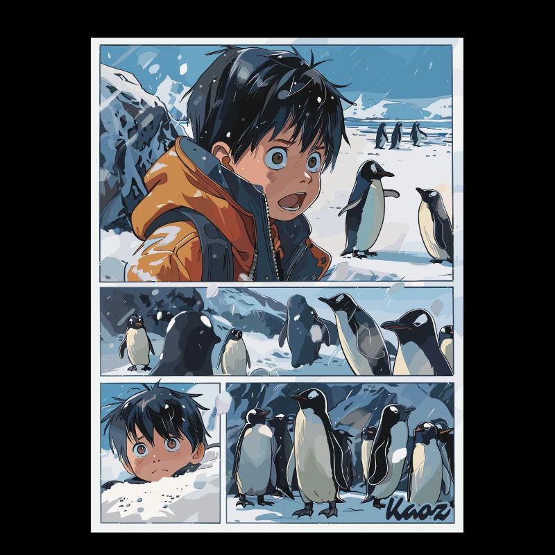 Verirrter Junge und Pinguine im Comic Stil