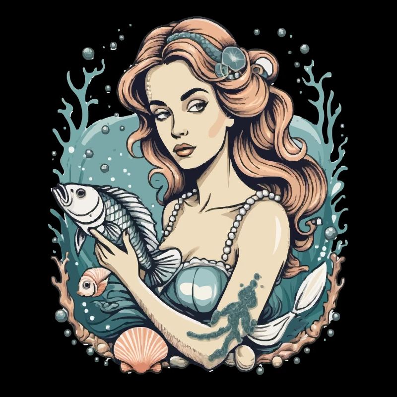 Sirène imaginative avec poisson – Vintage