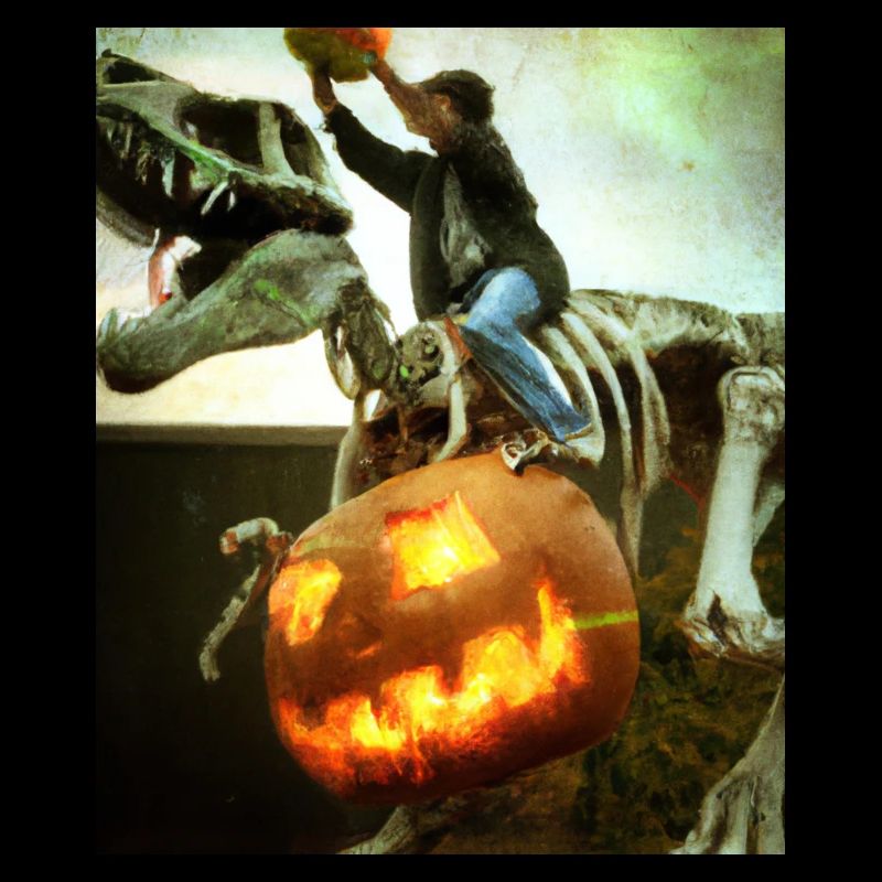 Halloween Dino Boy Riding Dinosaur Skeleton