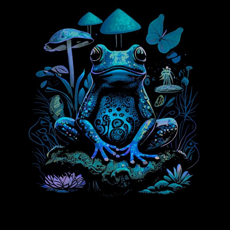 Grenouille hippie psychédélique entourée de champignons