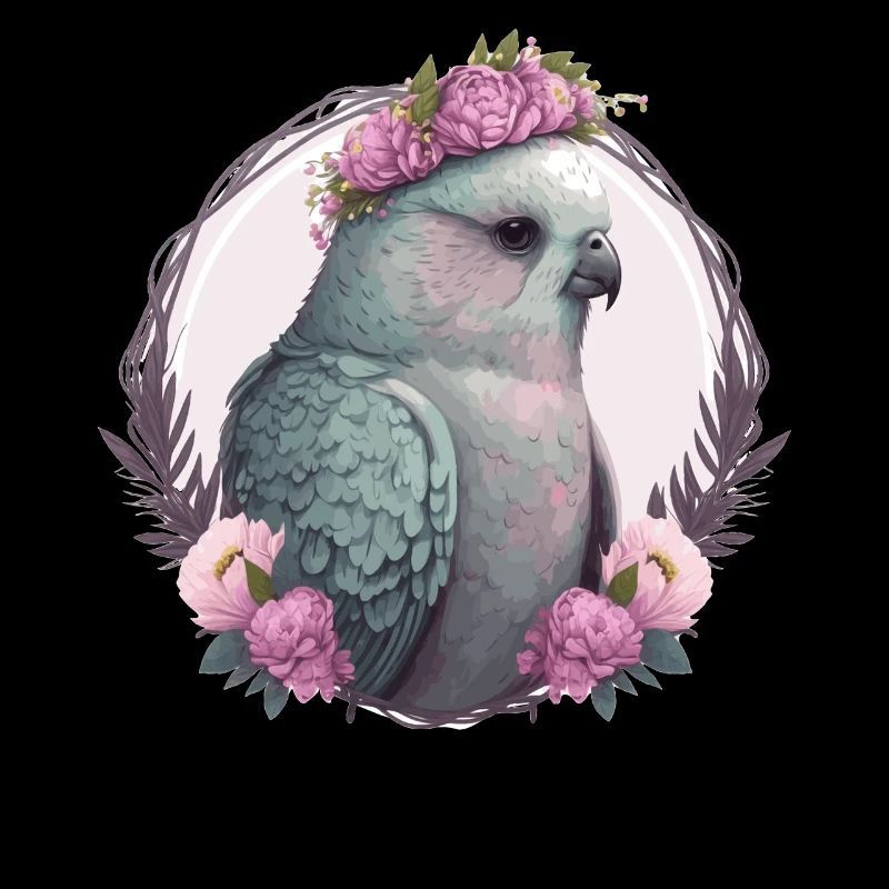 Aquarelle Gris Perruche Perruche Oiseau Couronne Fleur